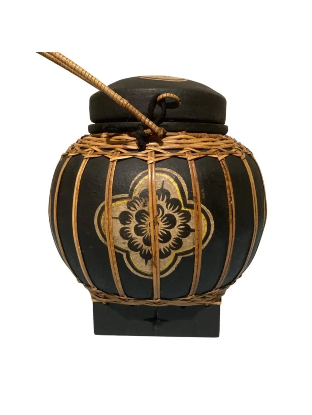 Handcrafted Vintage Thai Rice Basket With Lid And Floral Design
